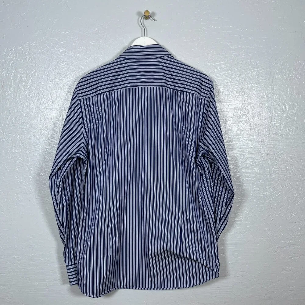 Hugo Boss Men 43 17 Navy Blue White Stripe Shirt Slim Fit Two Ply Spread Collar - Picture 5 of 10